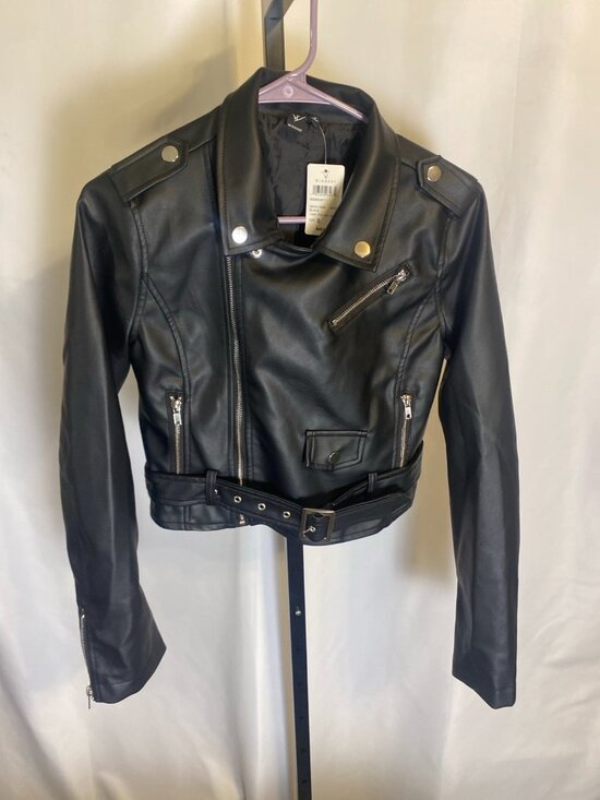 Windsor Faux Leather Moto Jacket Womens Small Black Cropped Belted NWT - Picture 5 of 10